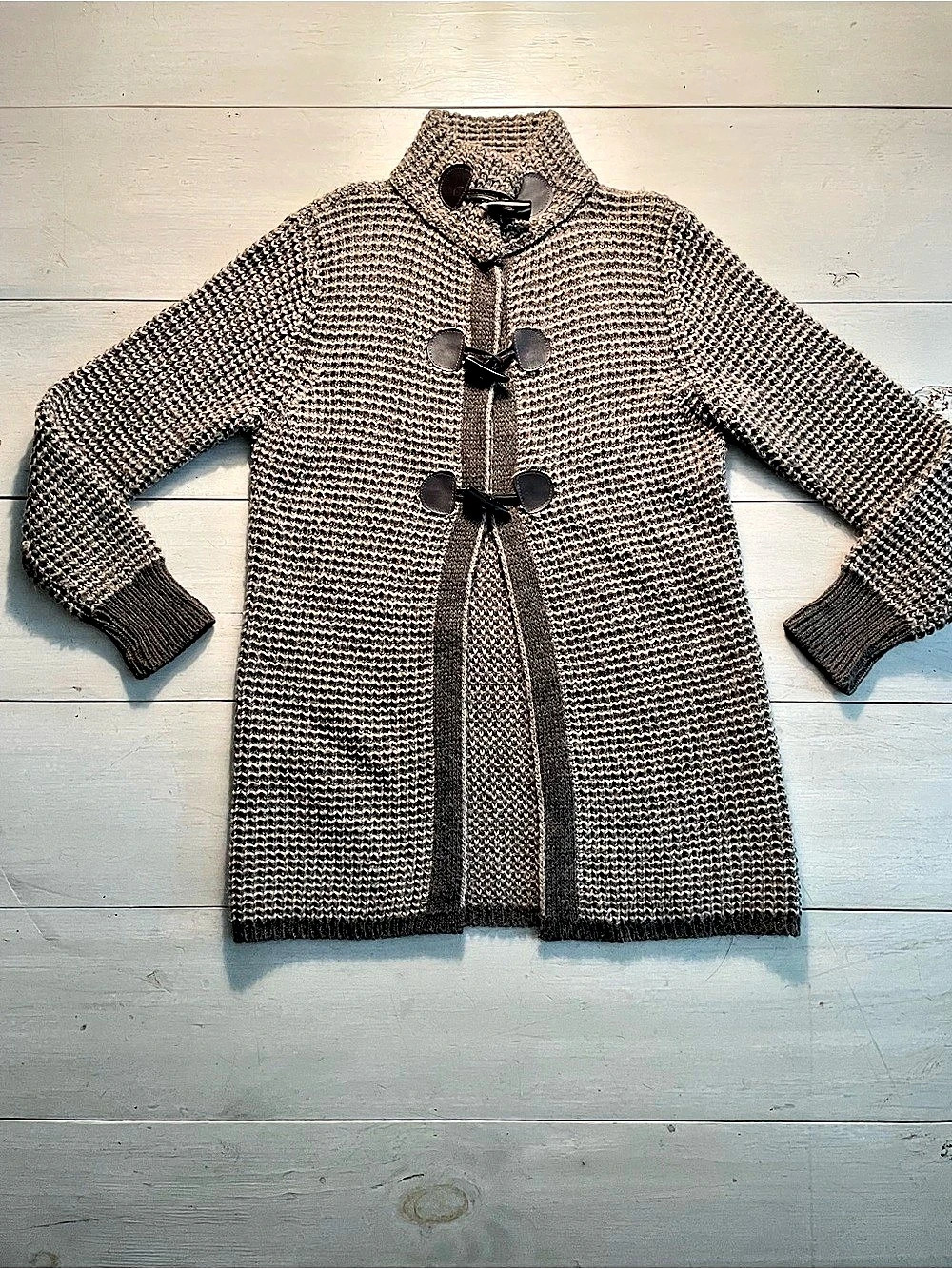 Knit Toggle Cardigan Brown Tan Lambswool Alpaca Blend No Size Tag Fits as M Warm